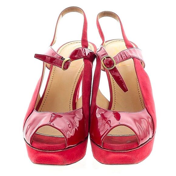 Authentic Yves Saint Laurent Red Platform Slingback Patent Suede Heels Size 39.5 - Picture 2 of 10